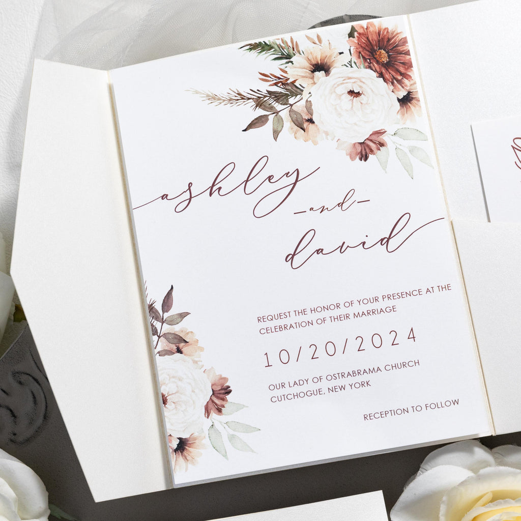 Rustic Autumn Floral Wedding Invitation | Twine & Wax Seal Pocketfold