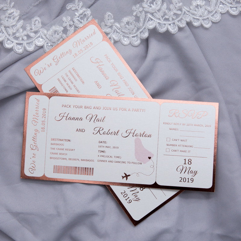 Foiled Boarding Pass Destination Wedding Invitation