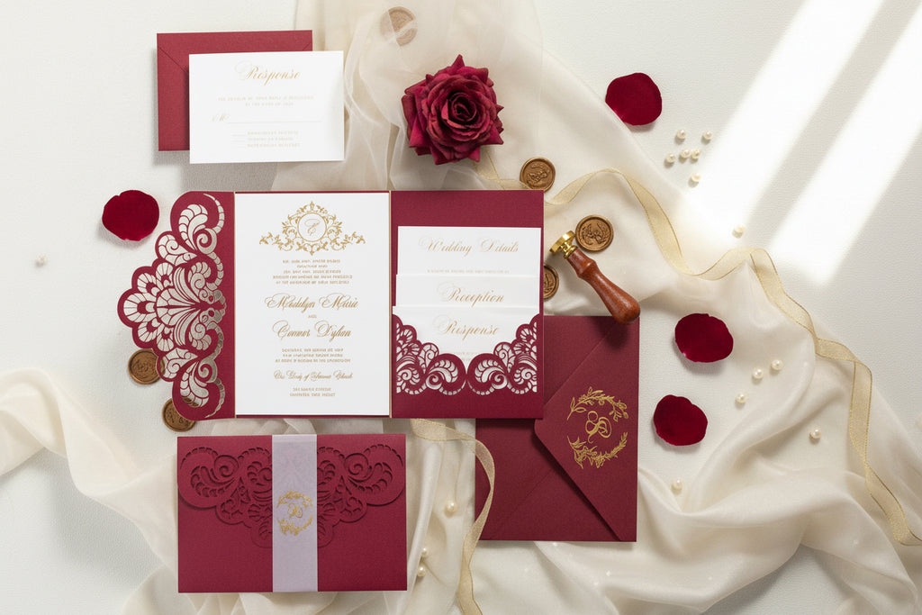 Elegant Burgundy Lasercut Pocketfold with Foil Detailing