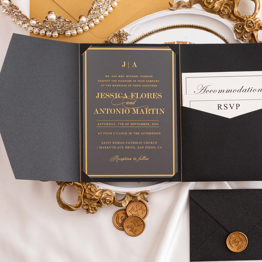 Black & Gold Acrylic Wedding Invitation | Pocketfold Envelope, Wax Seal