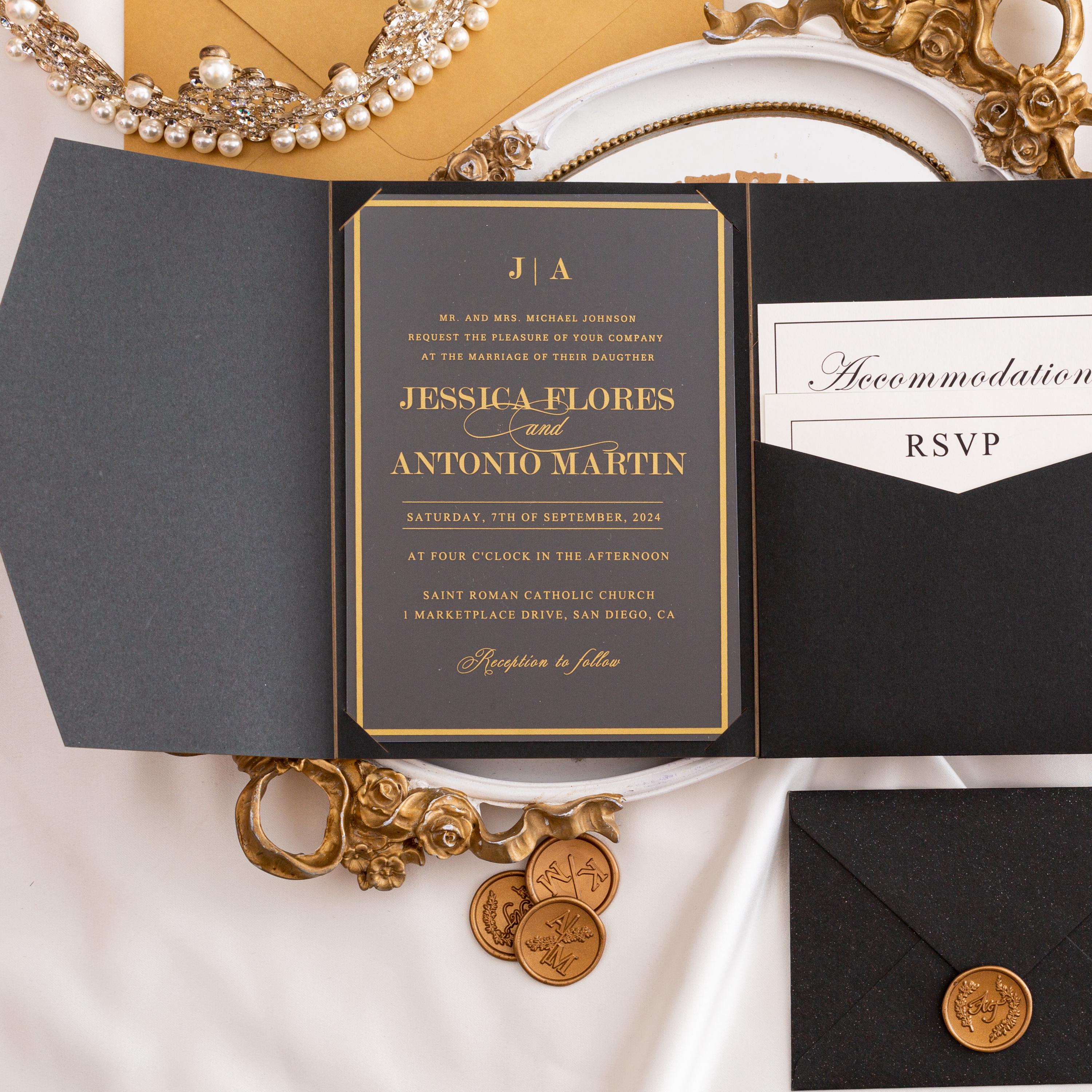 Black & Gold Acrylic Wedding Invitation | Pocketfold Envelope, Wax Seal