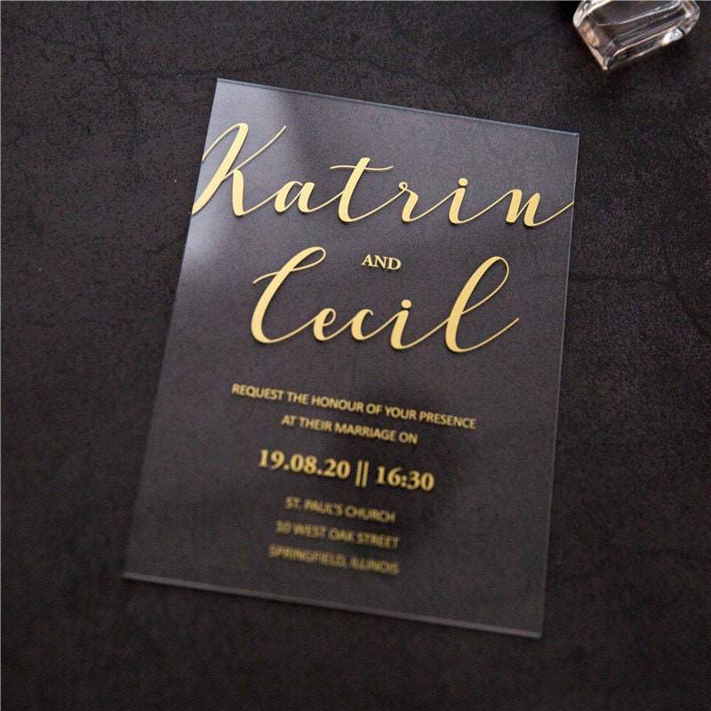 Acrylic Gold Wedding Invitation, Clear Perspex Invite