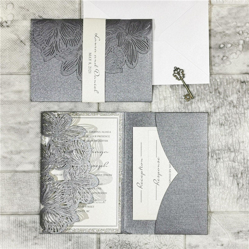 Laser Cut Wedding Invitation in Silver Grey Shimmer
