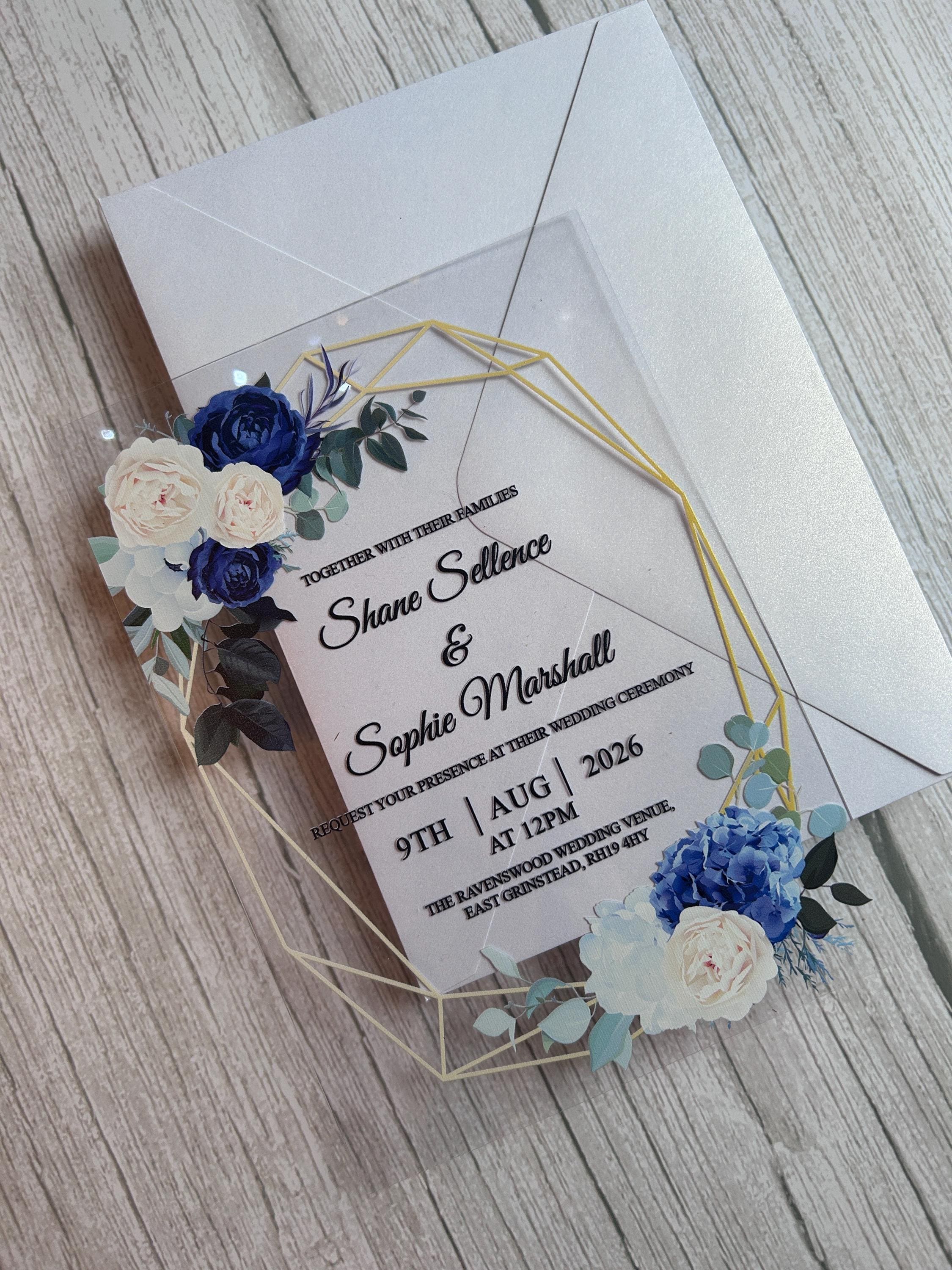 Clear Acrylic Wedding Invitation Suite, Navy & Ivory Floral Invite with Gold Geometric Frame, Luxury Modern Wedding Invitations