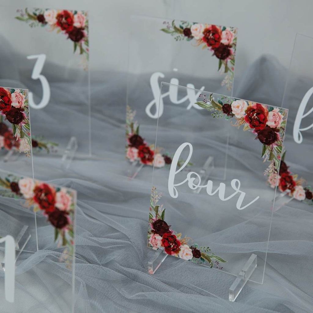 Burgundy Blush Floral Acrylic Wedding Table Number