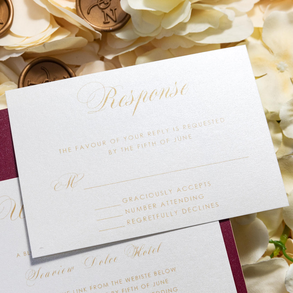 Burgundy and Gold Foiled Wedding Invitation Pocketfold with Inserts Vellum Bellyband and Wax Seal