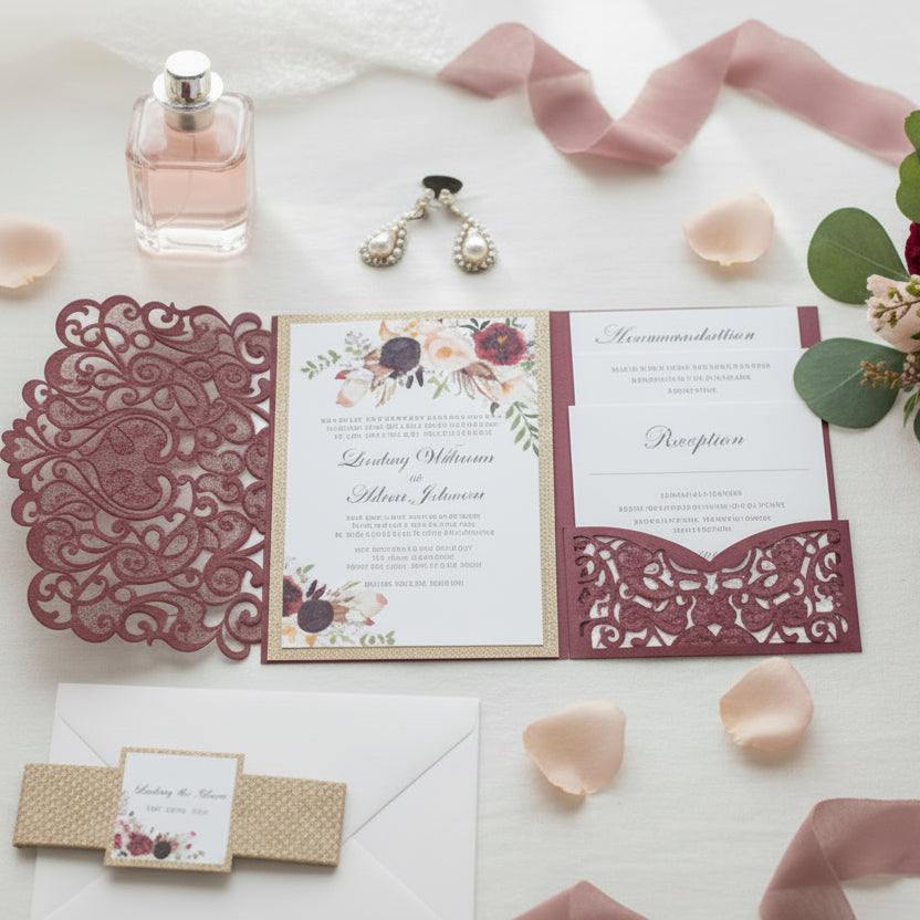 Burgundy Floral Lasercut Pocketfold Wedding Invitation with Gold Glitter Belly Band