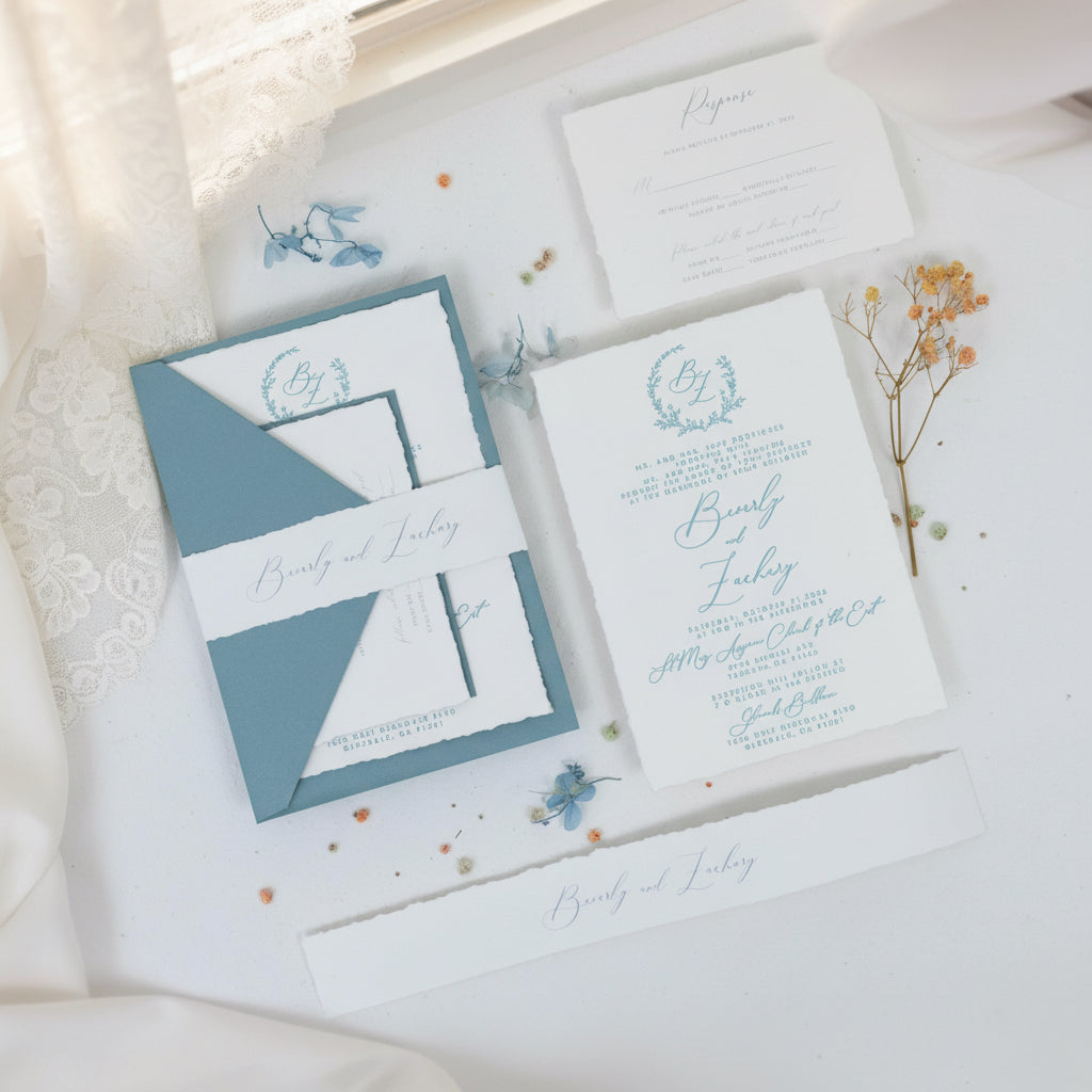 Dusty Blue Letter Press Deckle Edge Wedding Invite with Bellyband and Matching Envelope
