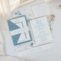Dusty Blue Letter Press Deckle Edge Wedding Invite with Bellyband and Matching Envelope