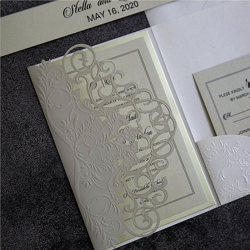 Laser Cut Wedding Invitation, Ivory Embossed Shimmer Card