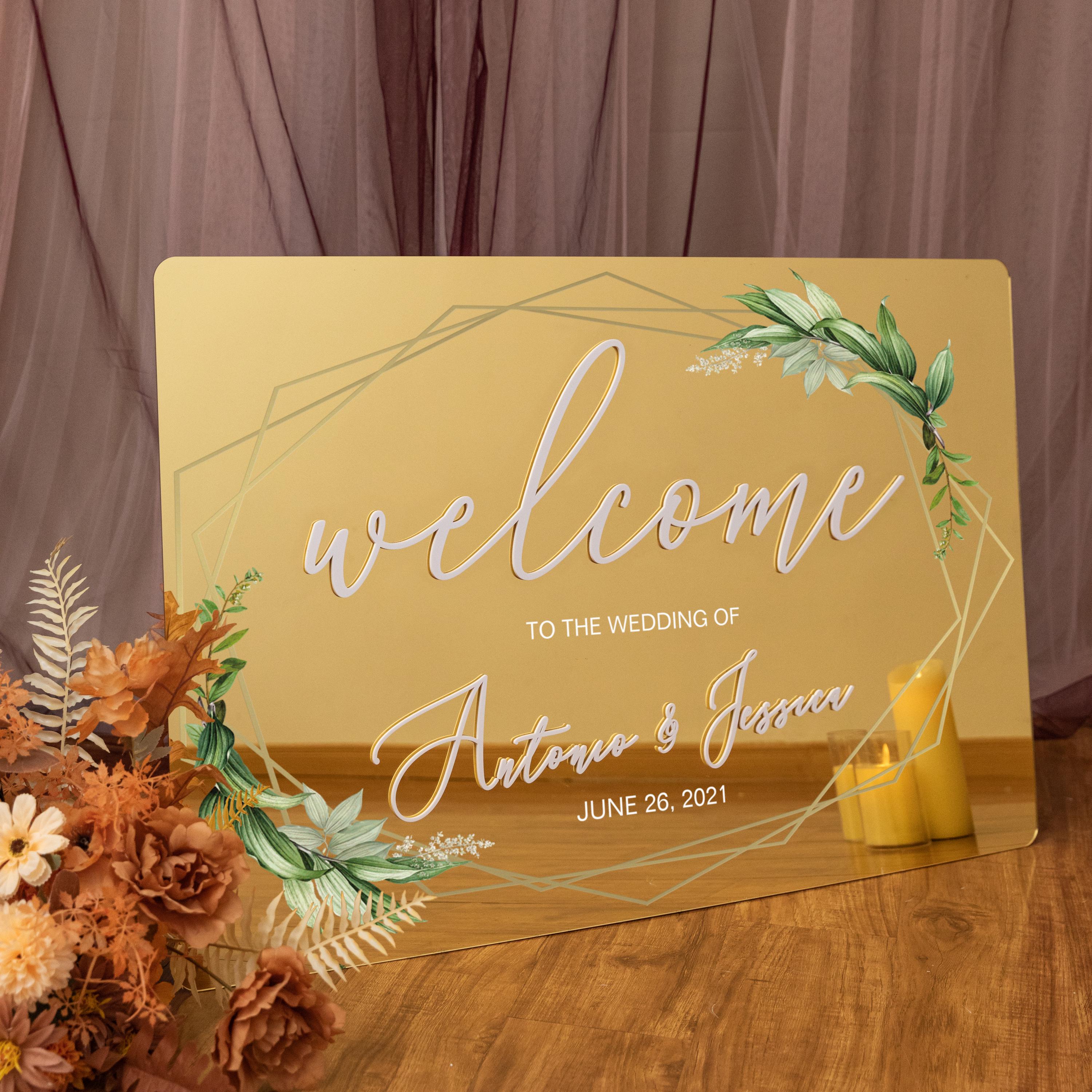 Geometric Foliage Wedding Welcome Sign, Gold Mirror Acrylic, 3D White Writing