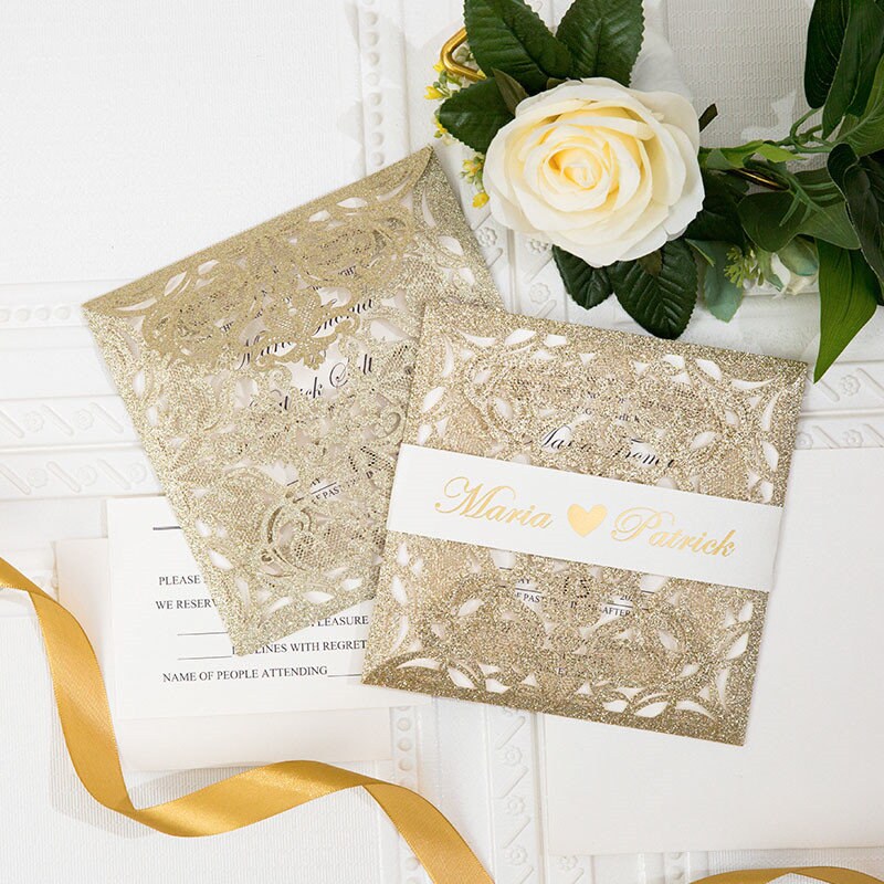 Gold Glitter Laser Cut Wedding Invitation, Ivory Shimmer Suite