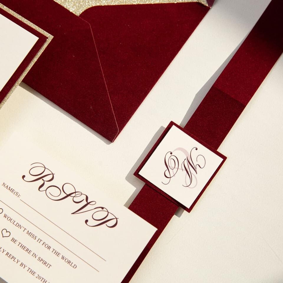 Christmas Red & Gold Glitter Velvet Wedding Invitation with Glitter Envelope Liner