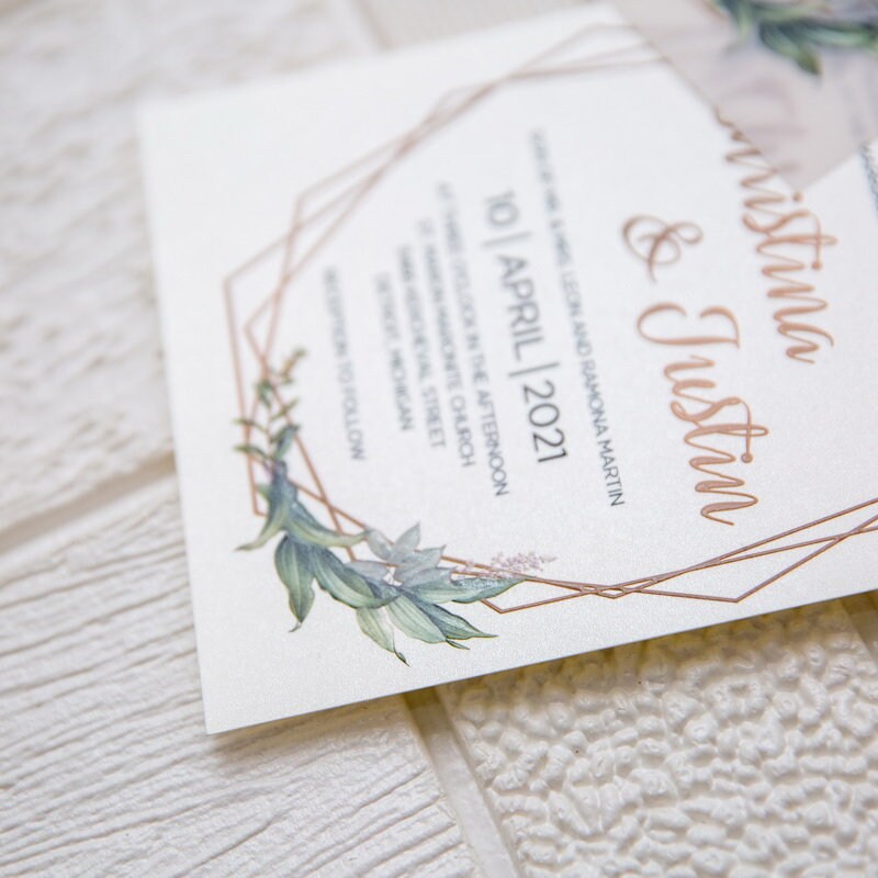 Geometric Olive Eucalyptus Leaf Design UV Printed Wedding Invite / Invitation