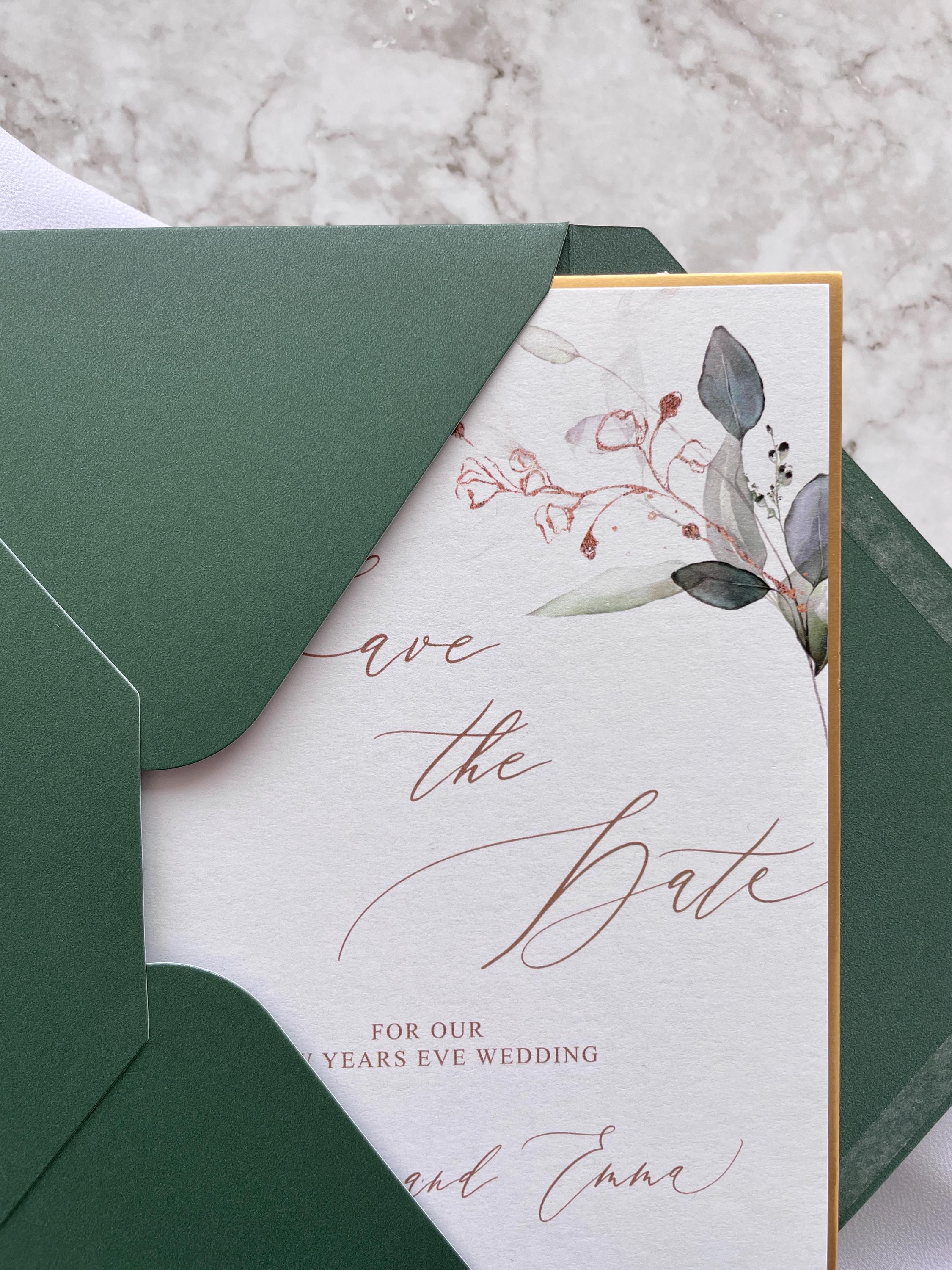 Boho Wedding Save The Date Gold And Emerald Green, Leafy Design with Gold Metallic Trim