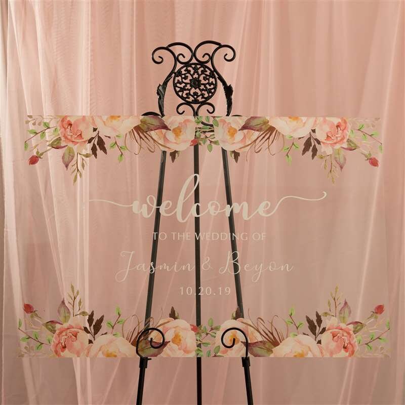 Floral Acrylic Wedding Welcome Sign, Personalized Calligraphy