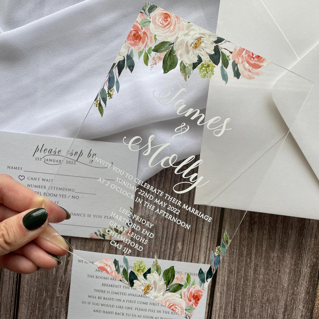 Floral Acrylic Wedding Invitation | Blush Pink, White, & Green