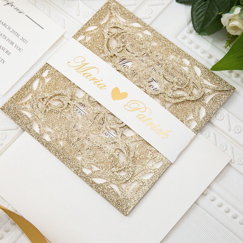 Gold Glitter Laser Cut Wedding Invitation, Ivory Shimmer Suite