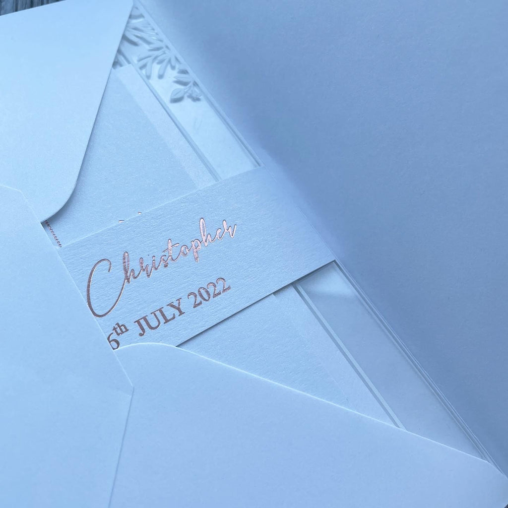 Modern Acrylic Wedding Invitation with Rose Gold Foiling Inserts & Bellyband