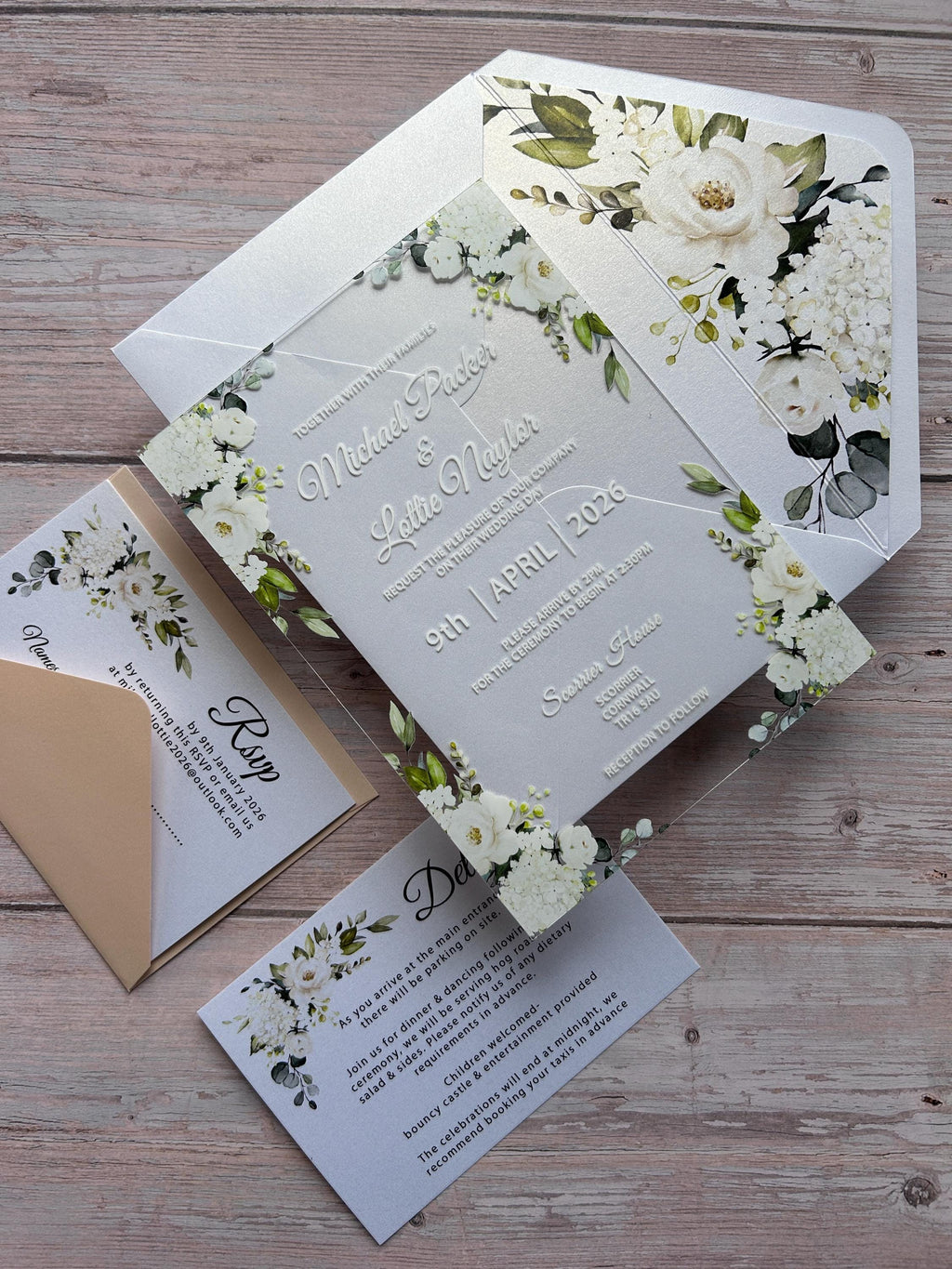 Clear Acrylic White Roses & Foliage Wedding Invite