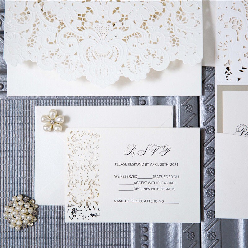 Laser Cut Wedding Invitation, Ivory Embossed Design