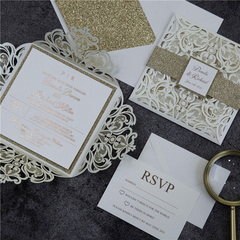 Lasercut Ivory Wedding Invitation with Rose Gold Glitter Details
