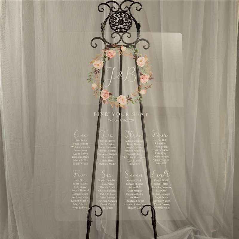 Blush Floral Wreath Clear Acrylic Wedding Table Seating Plan