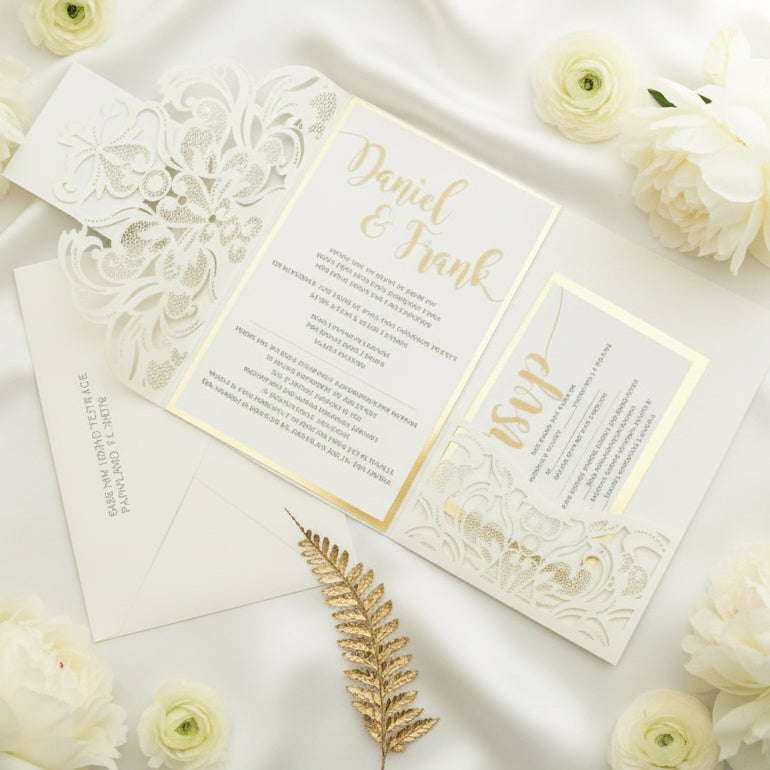 Laser Cut Wedding Invitation: Ivory Shimmer, Gold Mirror
