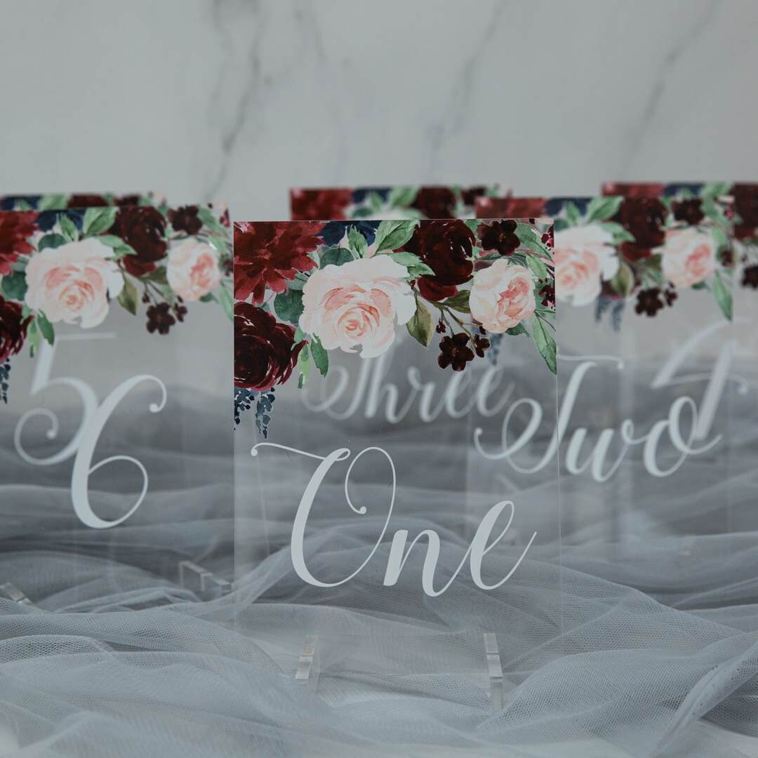 Burgundy Floral Acrylic Wedding Table Number or Name Sign