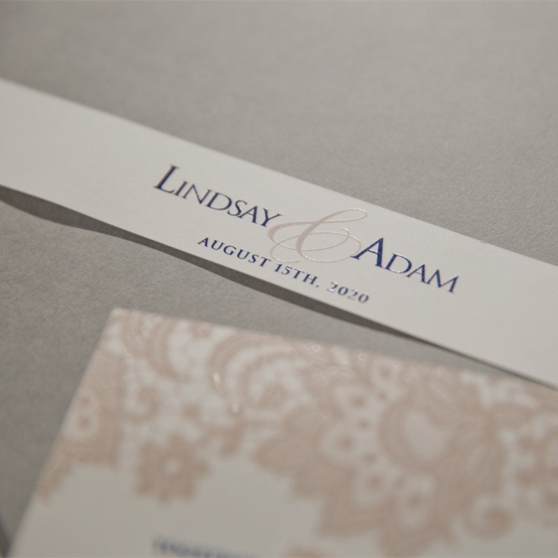 UV Printed Lace Wedding Invitation, Blush & Navy, Custom Suite