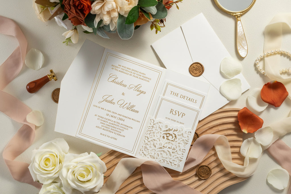 Ivory Shimmer Pocketfold Lasercut Wedding Invitation with Gold Foil and Wax Seal Detailing
