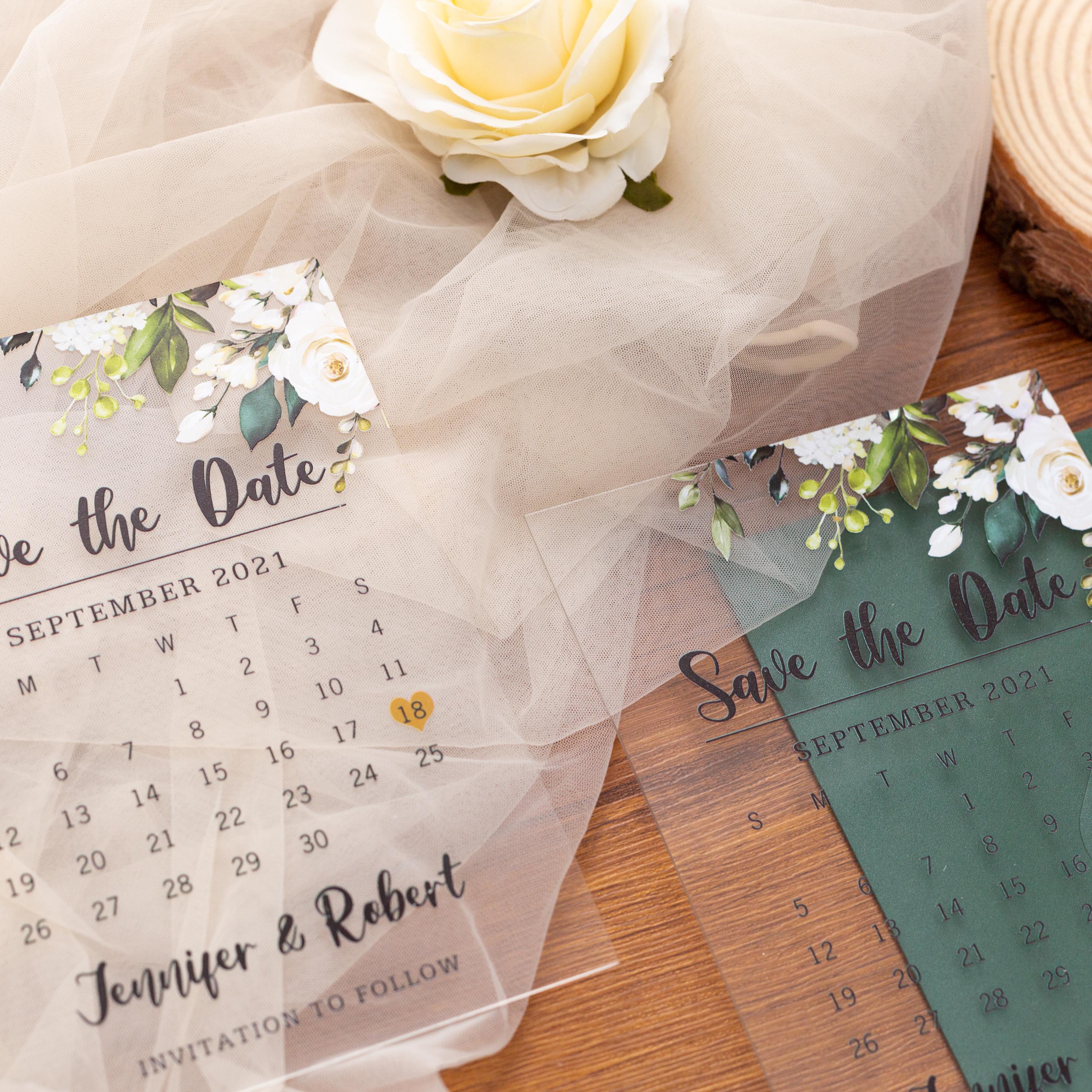 Clear Acrylic Wedding Save The Date: White Florals, Green Envelope