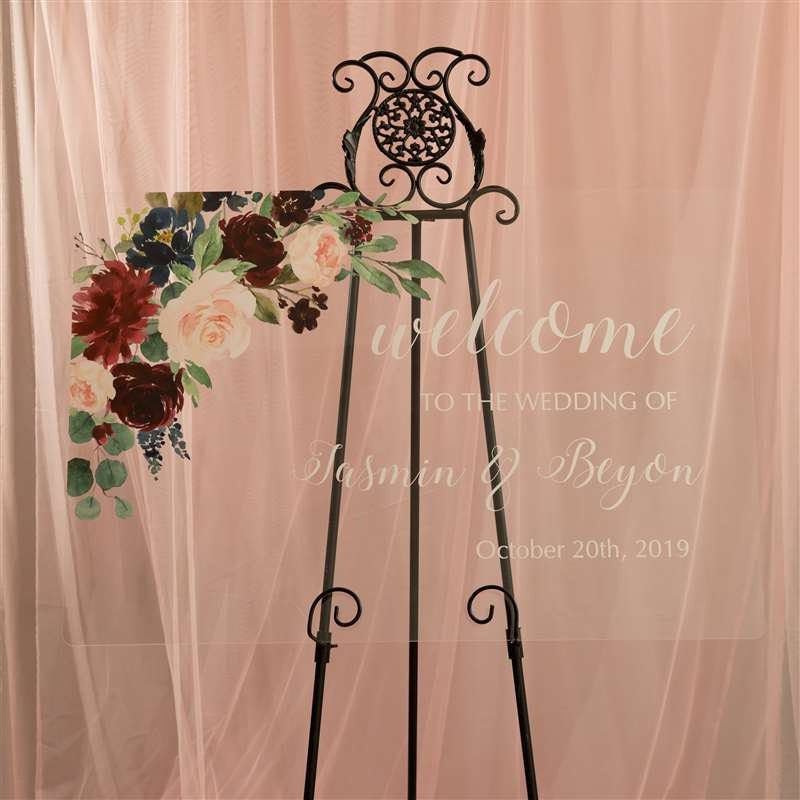 Burgundy Floral Acrylic Wedding Welcome Sign