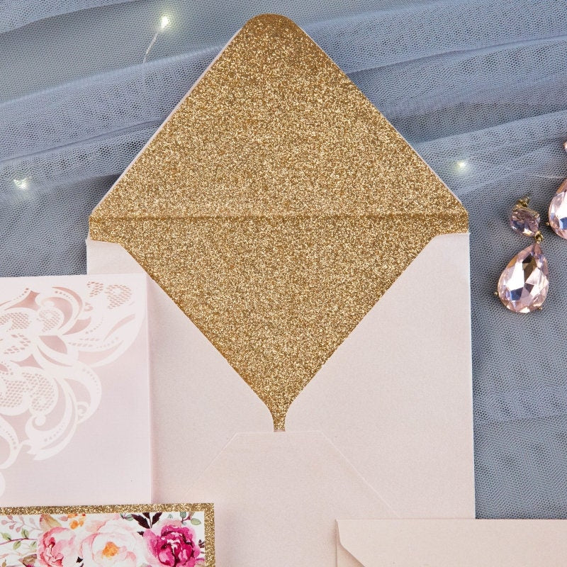 Rose Gold Glitter Floral Laser Cut Wedding Invitation Suite