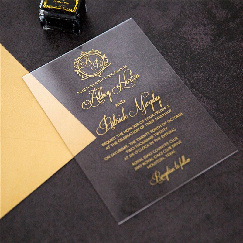 Acrylic Wedding Invitation: Clear Perspex with Gold Print