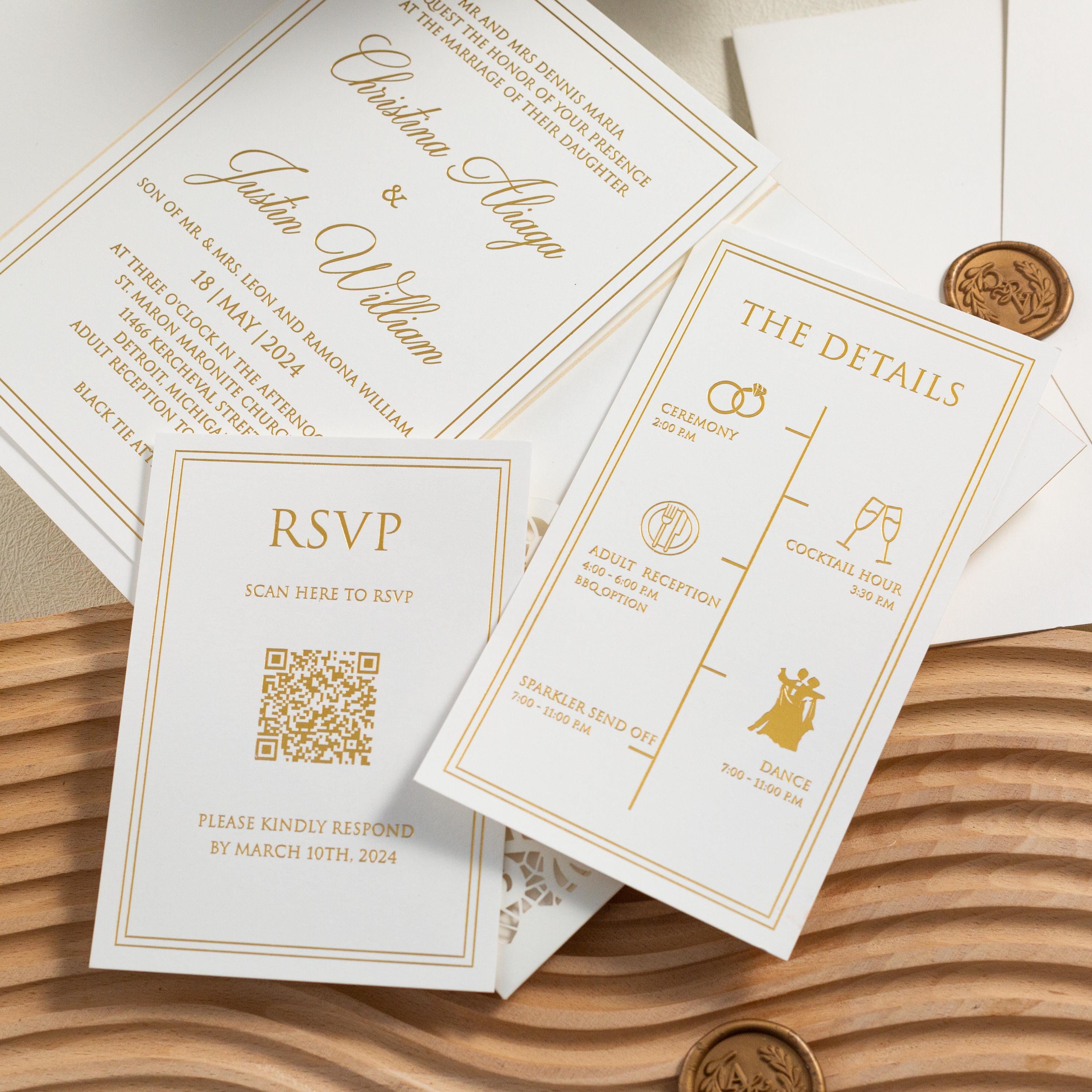 Ivory Shimmer Wedding Invitation with Gold Foil and Wax Seal