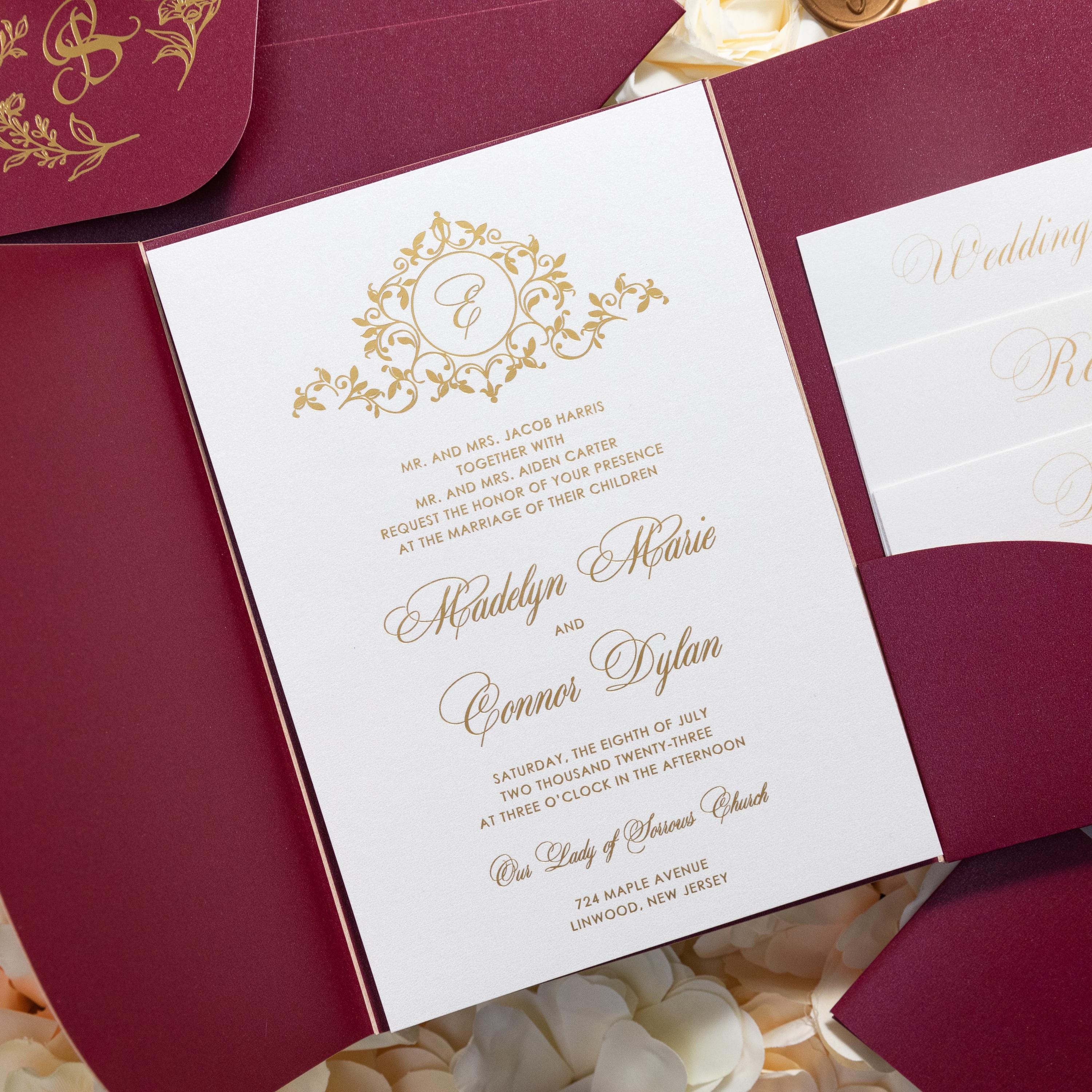 Burgundy and Gold Foiled Wedding Invitation Pocketfold with Inserts Vellum Bellyband and Wax Seal