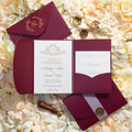 Burgundy and Gold Foiled Wedding Invitation Pocketfold with Inserts Vellum Bellyband and Wax Seal