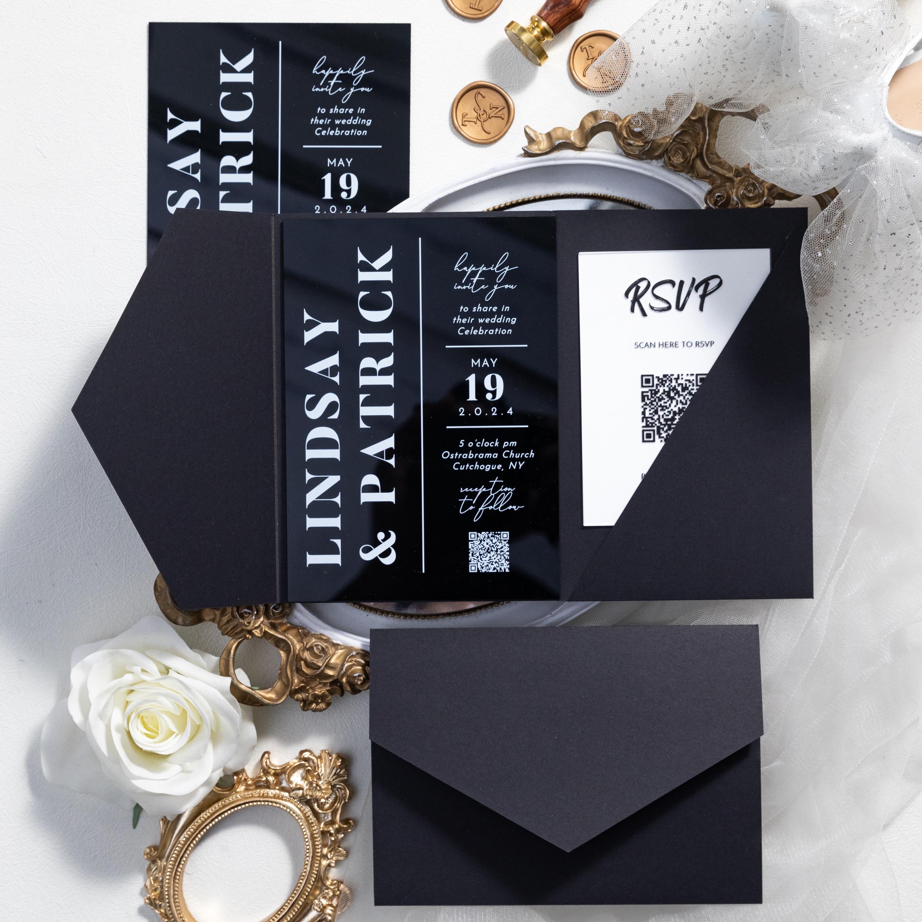 Black Acrylic Pocket Wedding Invitation | Modern Monochrome Invite with RSVP