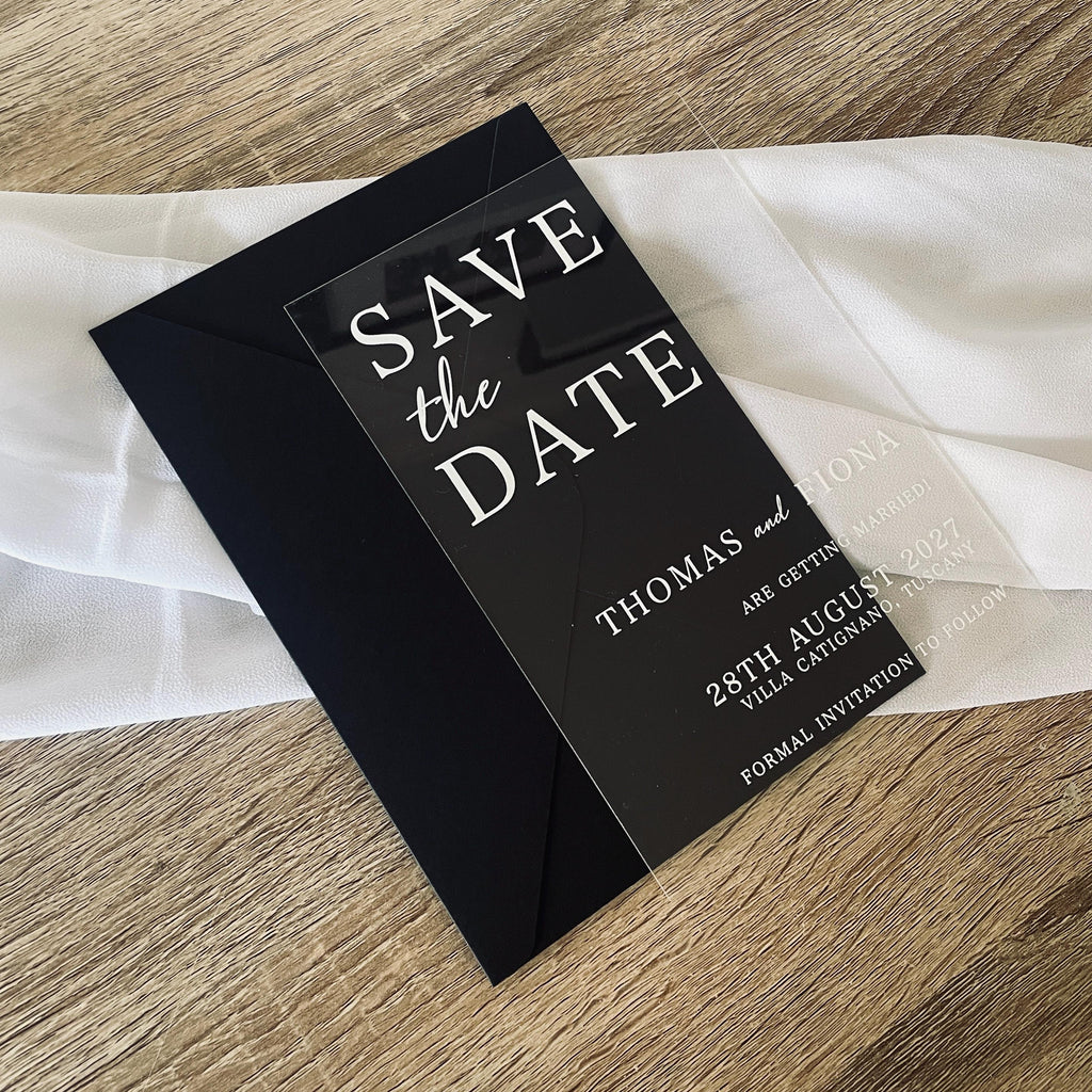 Clear Acrylic Save The Date | Black & White Modern Wedding