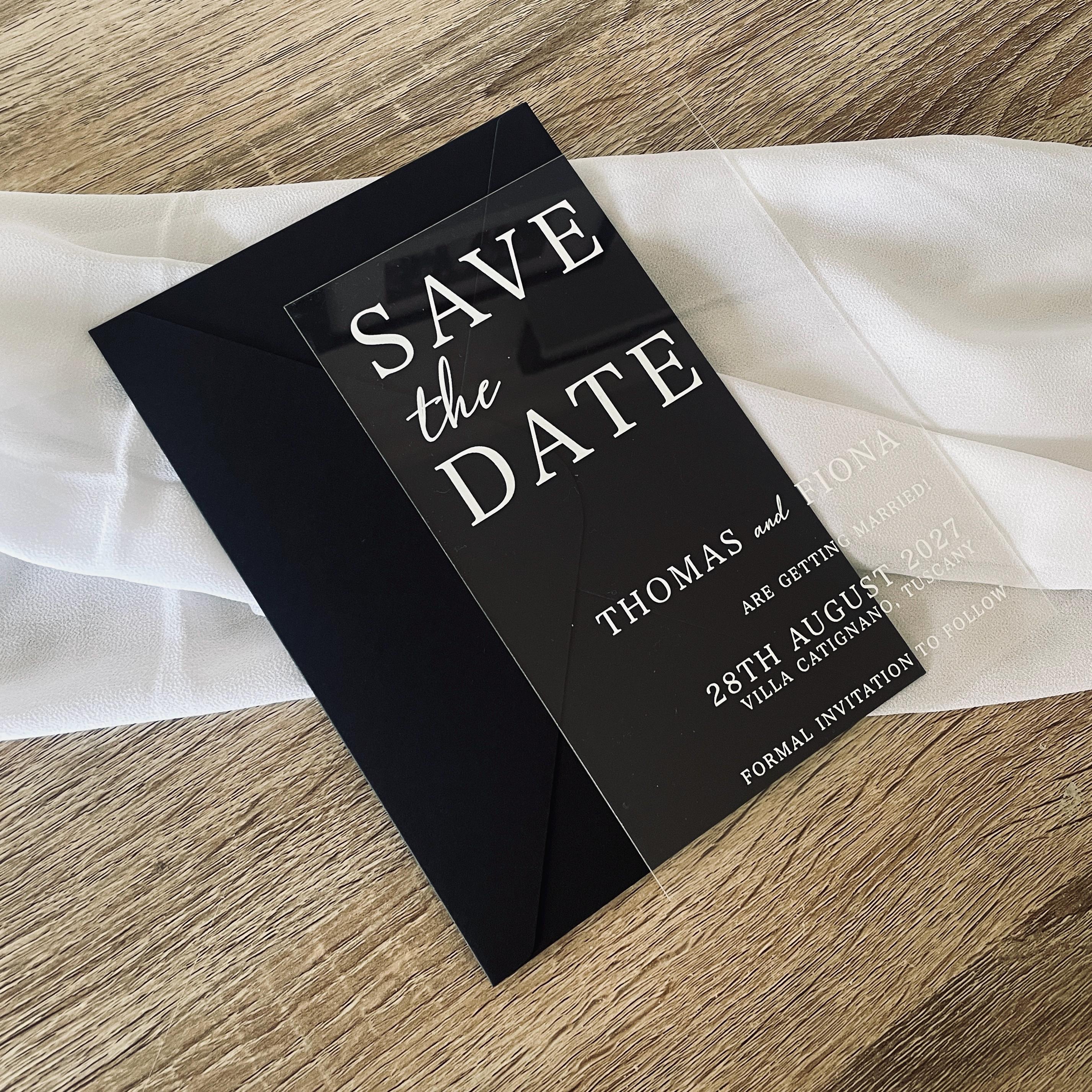 Clear Acrylic Save The Date | Black & White Modern Wedding