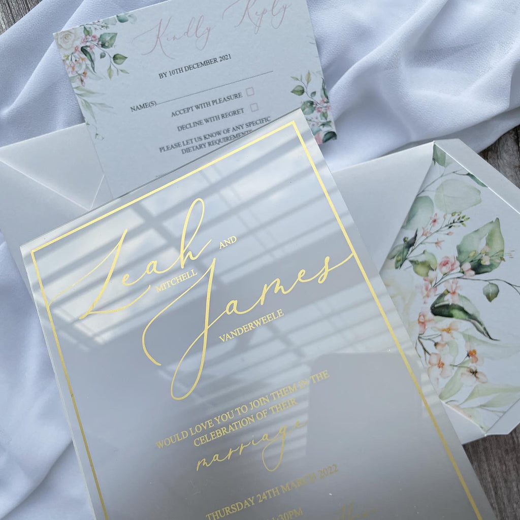 Frosted Acrylic Wedding Invitation | Gold Floral, Bridgerton Style