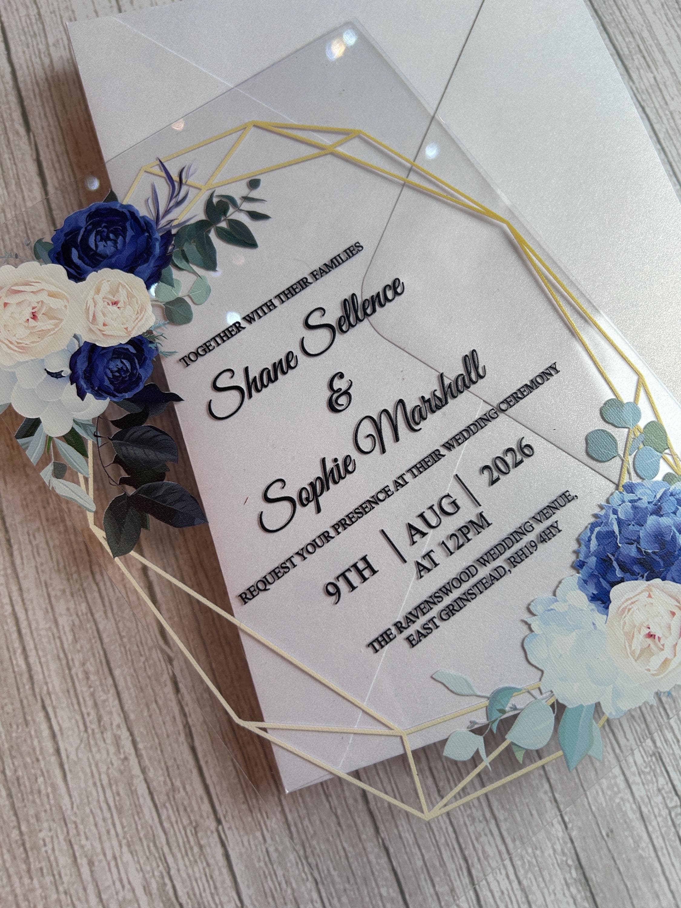 Clear Acrylic Wedding Invitation Suite, Navy & Ivory Floral Invite with Gold Geometric Frame, Luxury Modern Wedding Invitations