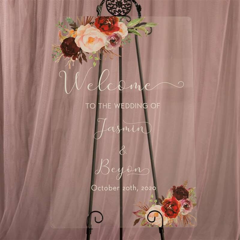 Burgundy & Blush Floral Acrylic Wedding Welcome Sign
