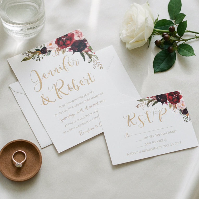UV Printed Burgundy Floral Wedding Invitation, RSVP Set