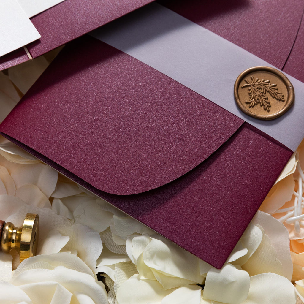 Burgundy and Gold Foiled Wedding Invitation Pocketfold with Inserts Vellum Bellyband and Wax Seal