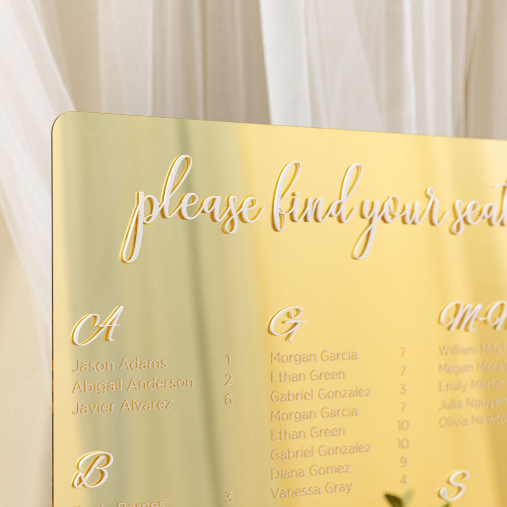 Gold Mirror Acrylic Wedding Table Plan with White 3D lettering