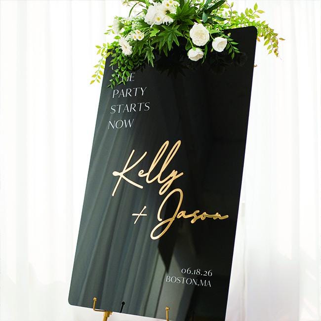 Black Acrylic Wedding Welcome Sign | Gold 3D Mirror Names