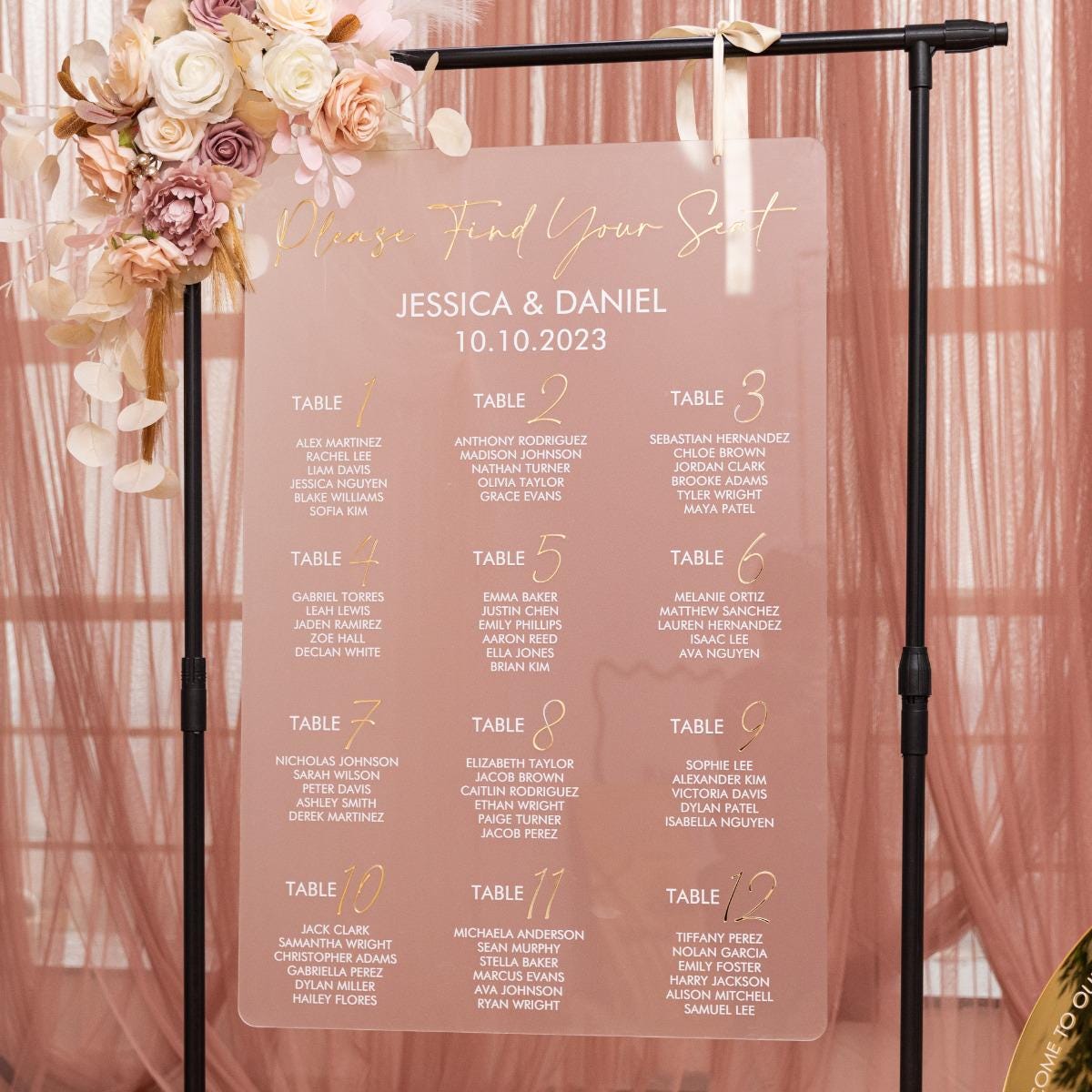 Frosted Acrylic Wedding Table Plan with Gold Acrylic Mirror 3D Lettering