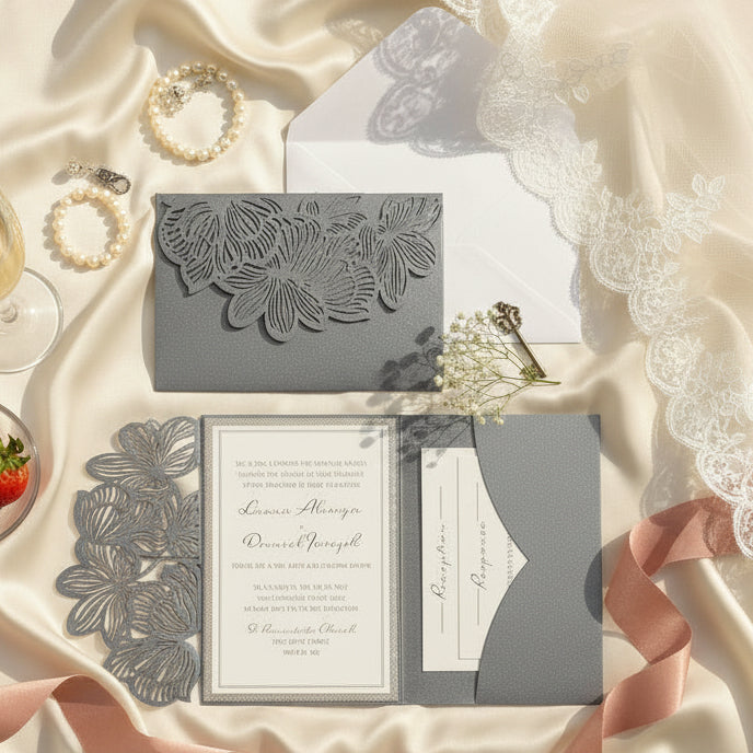 Laser Cut Wedding Invitation in Silver Grey Shimmer